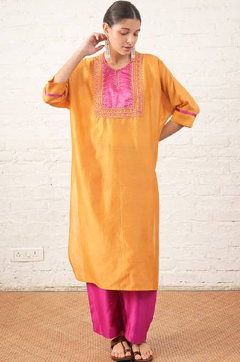 Mustard yellow embroidered chanderi kurta set
