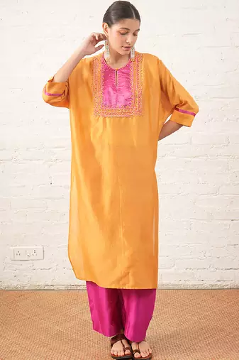 Mustard yellow embroidered chanderi kurta set