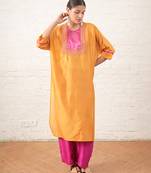 Mustard yellow embroidered chanderi kurta set