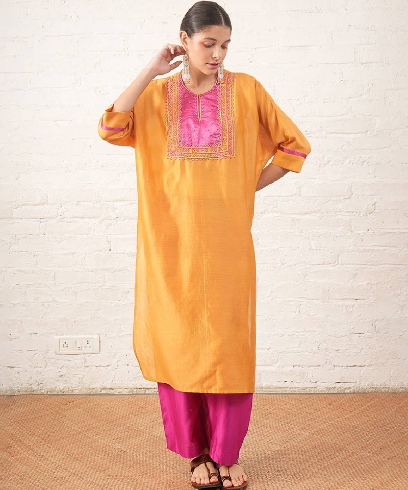 Mustard yellow embroidered chanderi kurta set