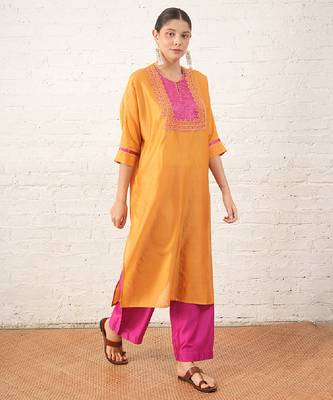 Mustard yellow embroidered chanderi kurta set 2