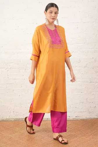 Mustard yellow embroidered chanderi kurta set