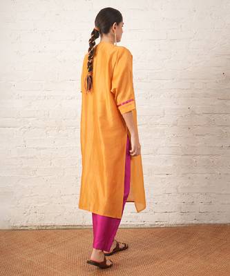 Mustard yellow embroidered chanderi kurta set 3