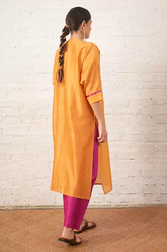 Mustard yellow embroidered chanderi kurta set