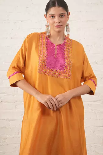 Mustard yellow embroidered chanderi kurta set