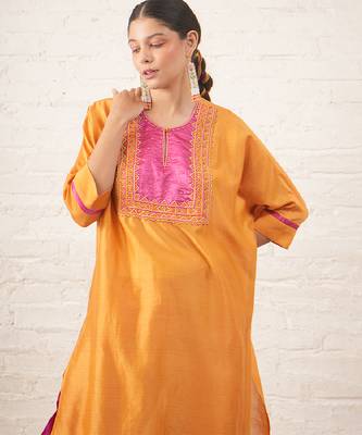 Mustard yellow embroidered chanderi kurta set 5