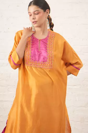 Mustard yellow embroidered chanderi kurta set
