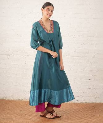 Teal blue embroidered chanderi kurta set 1