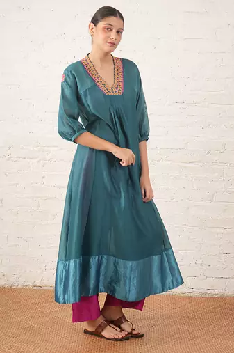 Teal blue embroidered chanderi kurta set