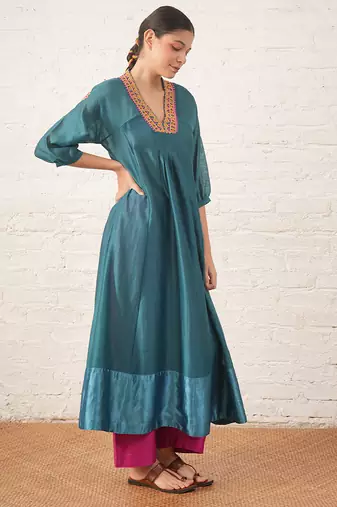 Teal blue embroidered chanderi kurta set