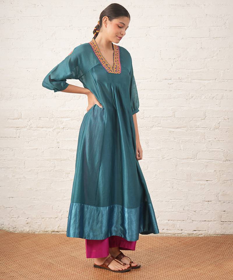 Teal blue embroidered chanderi kurta set