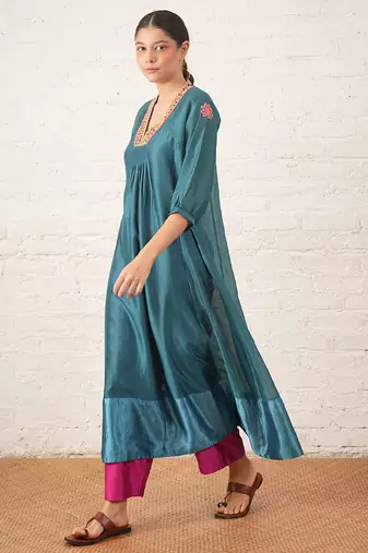Teal blue embroidered chanderi kurta set