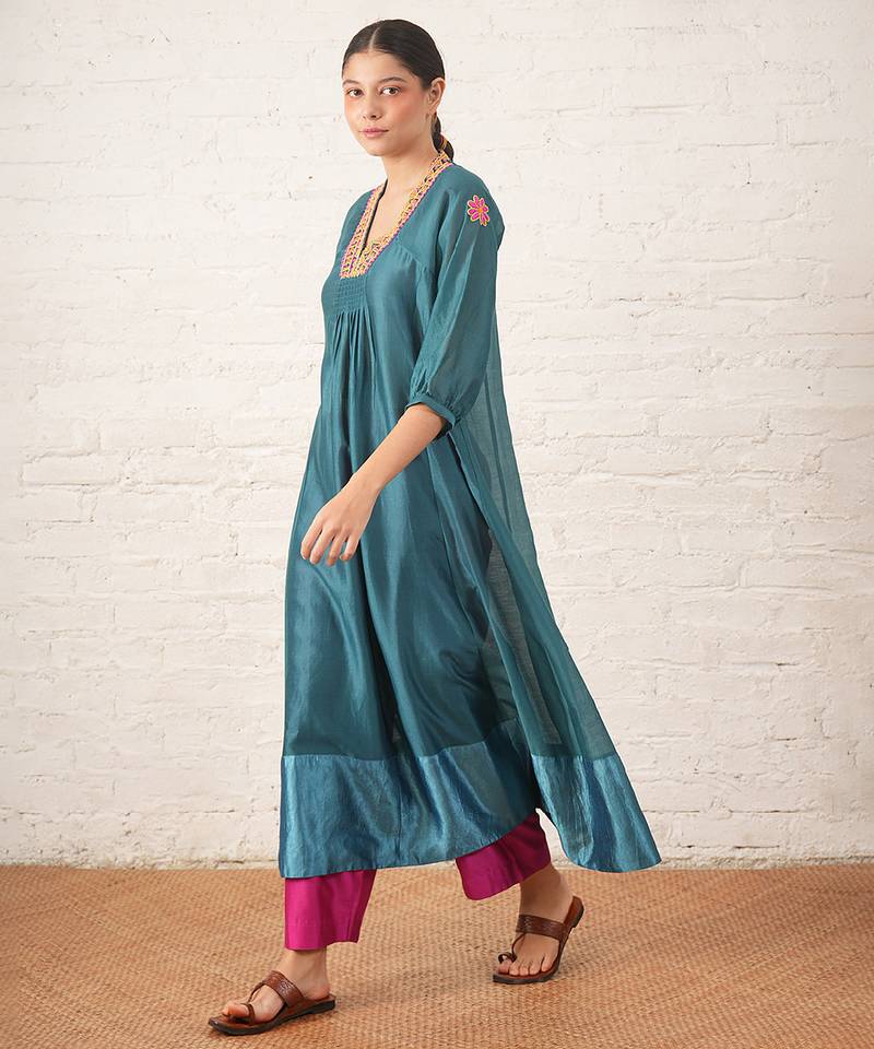 Teal blue embroidered chanderi kurta set
