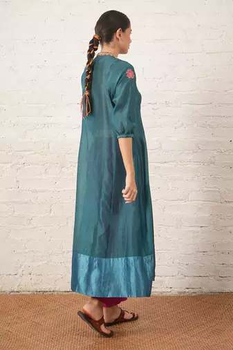 Teal blue embroidered chanderi kurta set