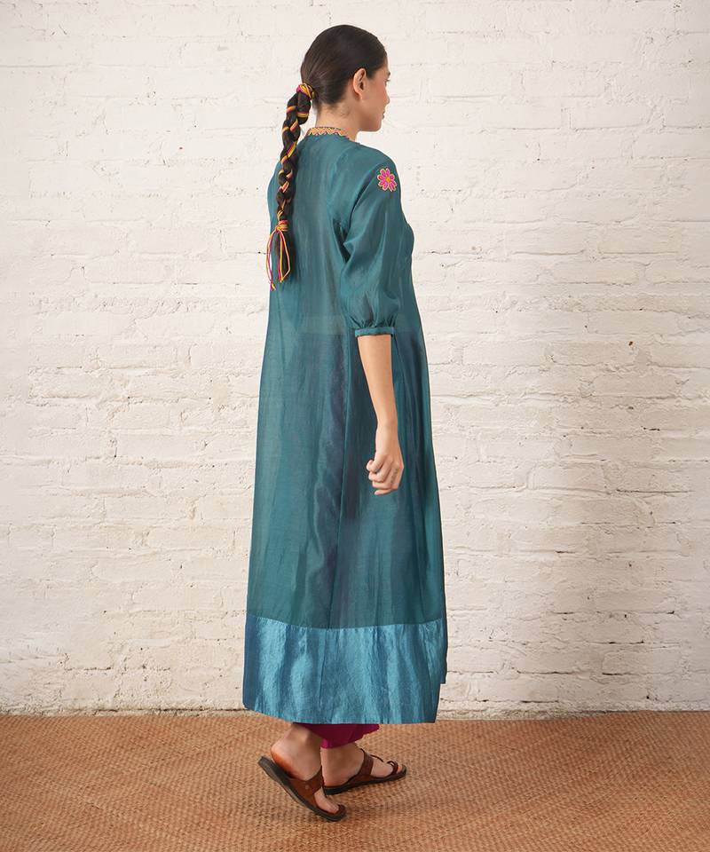 Teal blue embroidered chanderi kurta set