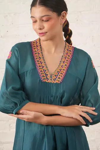 Teal blue embroidered chanderi kurta set