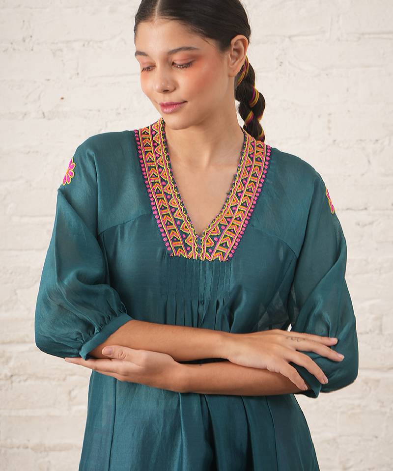 Teal blue embroidered chanderi kurta set