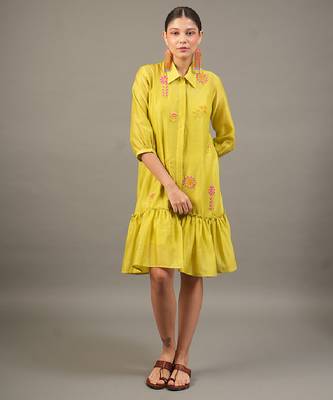 Lime green embroidered chanderi dress 1