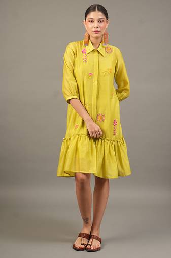 Lime green embroidered chanderi dress