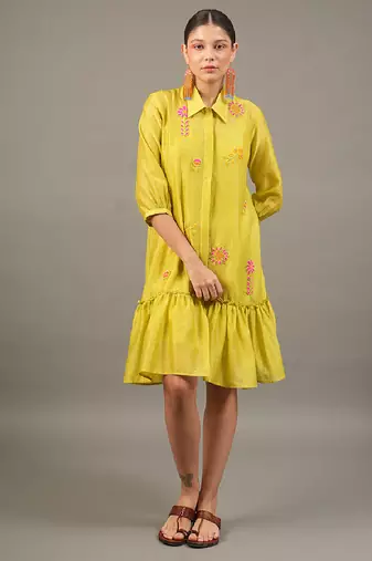 Lime green embroidered chanderi dress