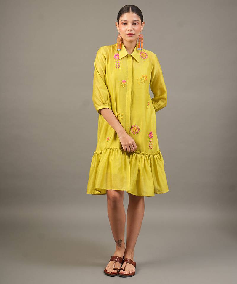 Lime green embroidered chanderi dress