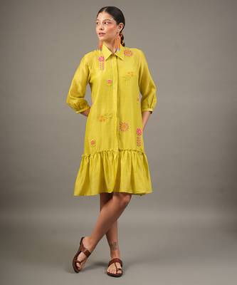 Lime green embroidered chanderi dress 2