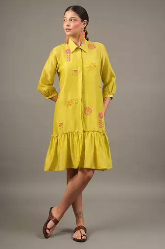 Lime green embroidered chanderi dress