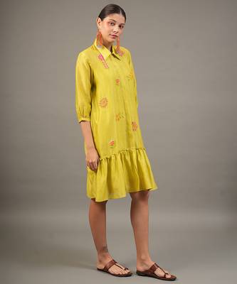 Lime green embroidered chanderi dress 3