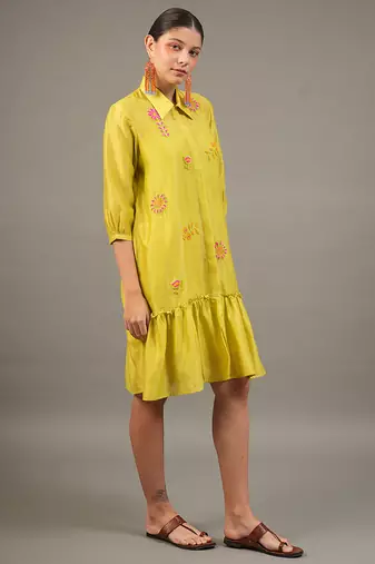 Lime green embroidered chanderi dress
