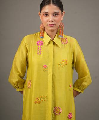 Lime green embroidered chanderi dress 5