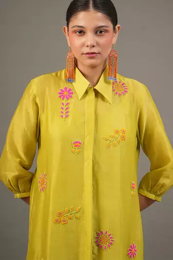 Lime green embroidered chanderi dress