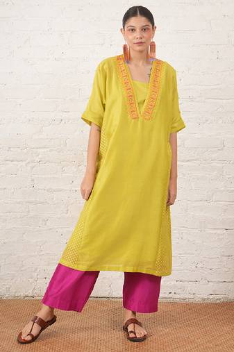 Lime green embroidered chanderi kurta set
