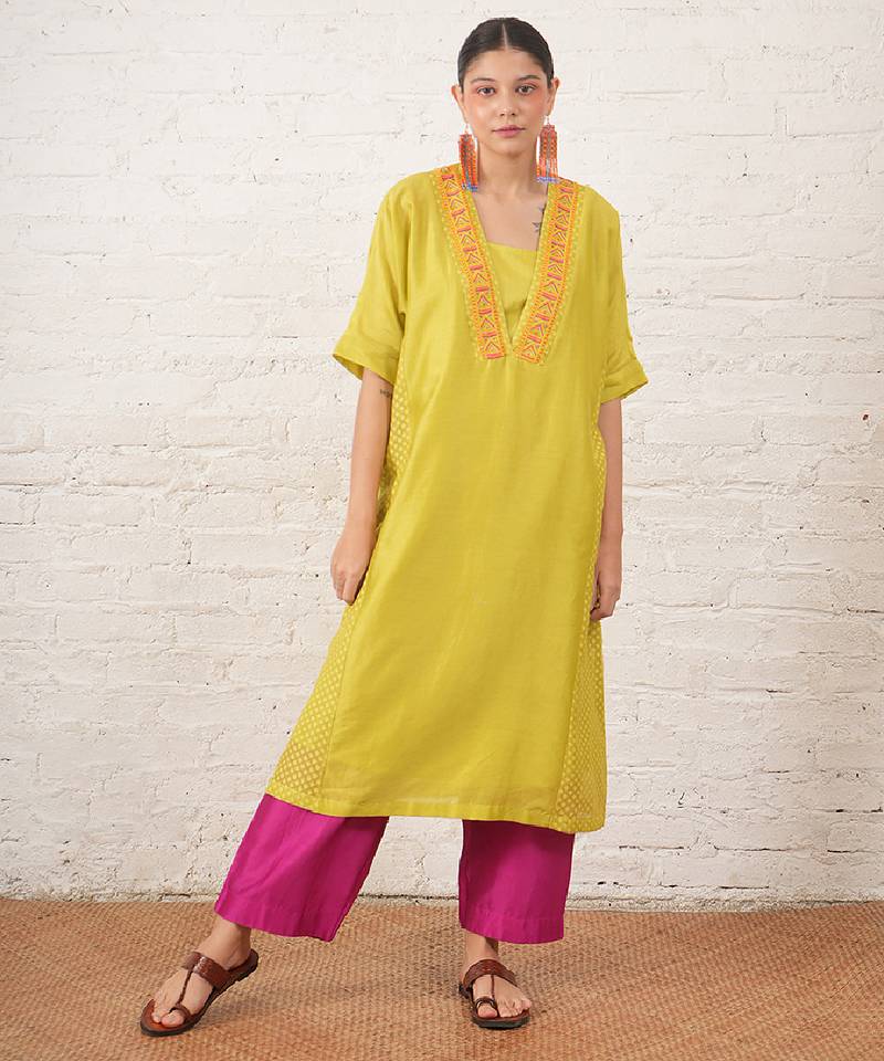 Lime green embroidered chanderi kurta set