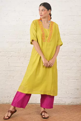 Lime green embroidered chanderi kurta set