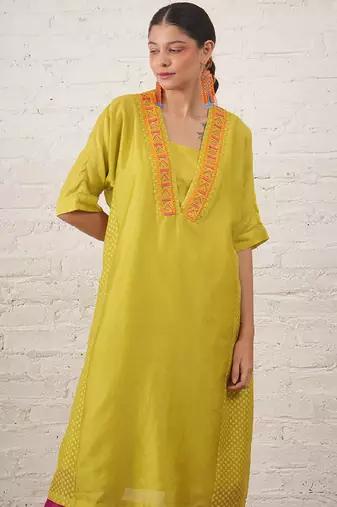 Lime green embroidered chanderi kurta set