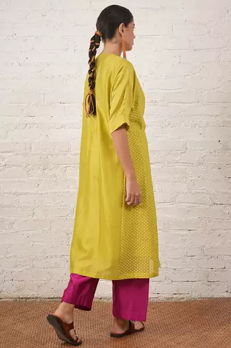 Lime green embroidered chanderi kurta set