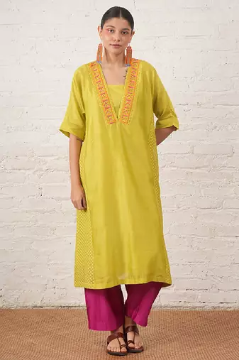 Lime green embroidered chanderi kurta set