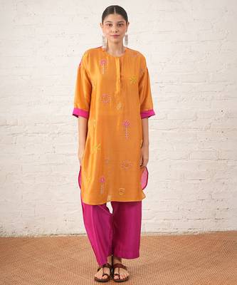 Mustard yellow embroidered chanderi kurta set 1