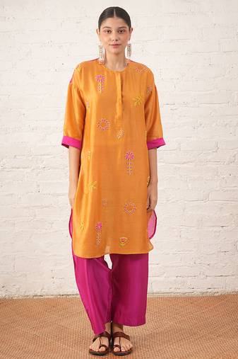 Mustard yellow embroidered chanderi kurta set