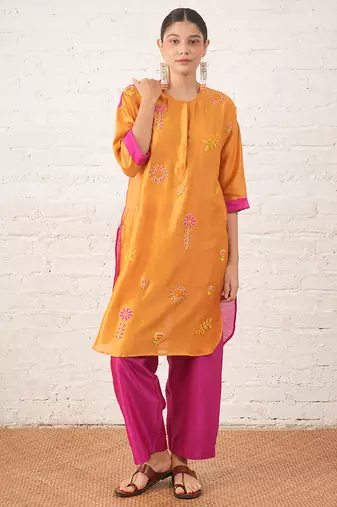 Mustard yellow embroidered chanderi kurta set