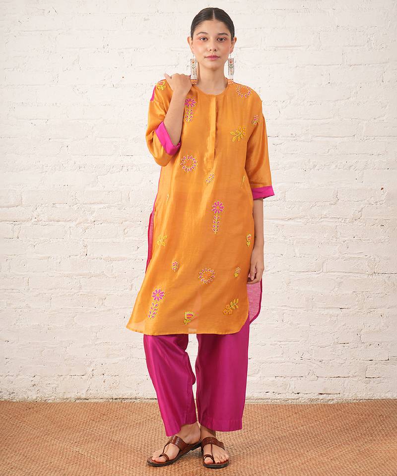 Mustard yellow embroidered chanderi kurta set