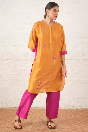 Mustard yellow embroidered chanderi kurta set