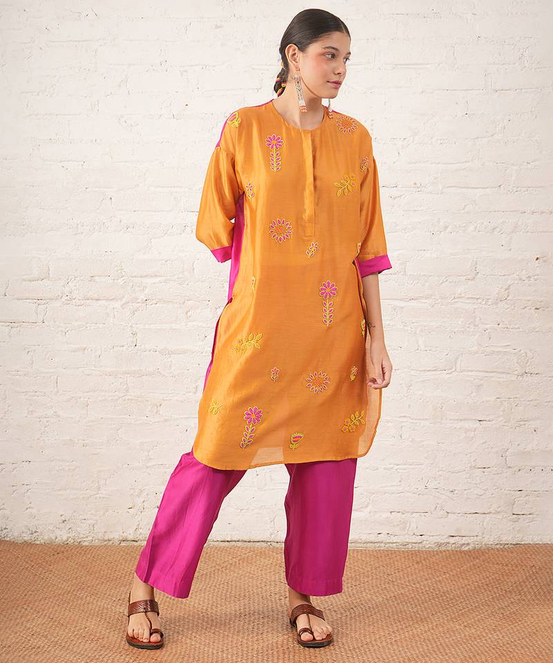 Mustard yellow embroidered chanderi kurta set