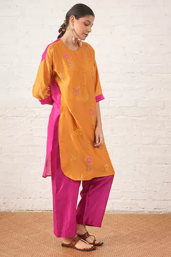 Mustard yellow embroidered chanderi kurta set