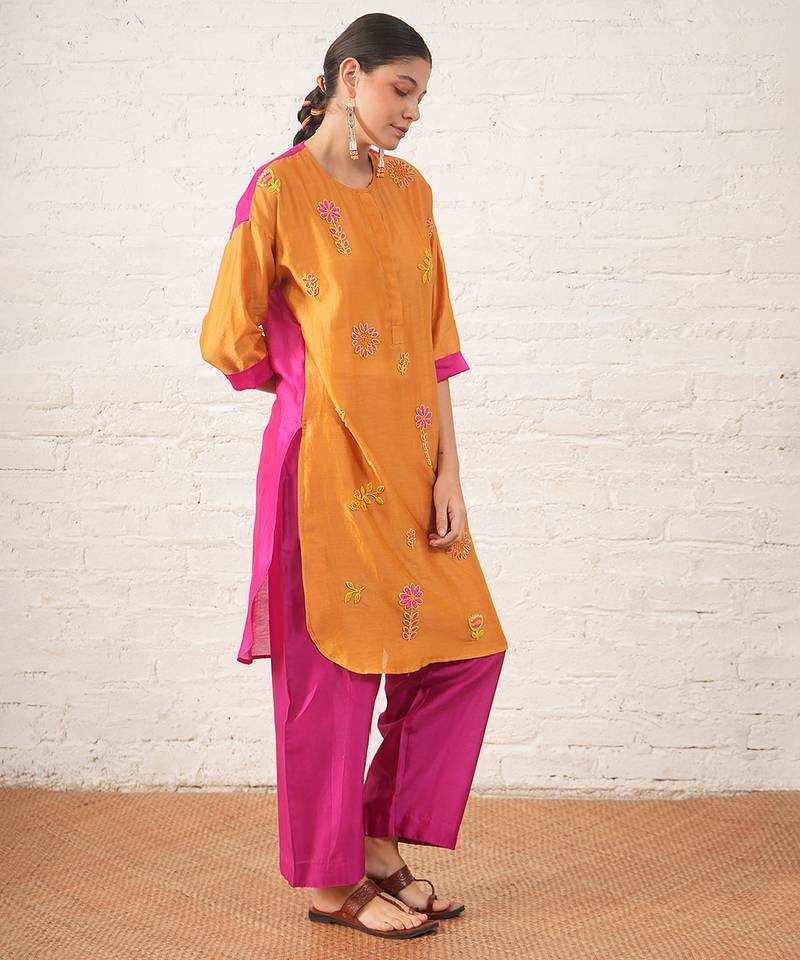 Mustard yellow embroidered chanderi kurta set