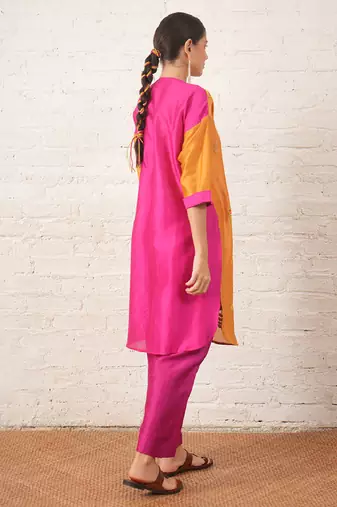 Mustard yellow embroidered chanderi kurta set