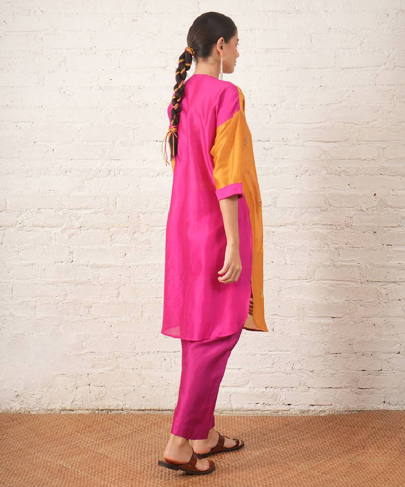 Mustard yellow embroidered chanderi kurta set