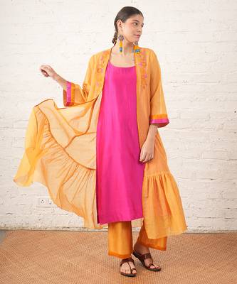 Mustard yellow embroidered chanderi kurta set 1