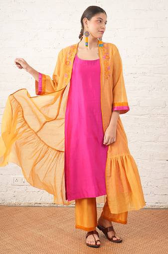 Mustard yellow embroidered chanderi kurta set
