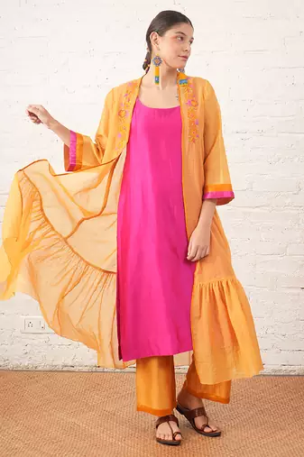 Mustard yellow embroidered chanderi kurta set